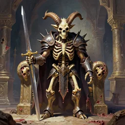 A little vibrant. A spiked horned detailed semiork-semihuman skeleton with armored joints stands in a large cavernous throne room with Gattsu Sword in hand. Wearing massive shoulderplates, cloak. Extremely high details, realistic, fantasy art, solo, masterpiece, bones, ripped flesh, colorful art by Zdzisław Beksiński, Arthur Rackham, Dariusz Zawadzki, Harry Clarke