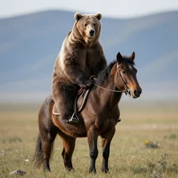 Grizzly bear riding a horse.