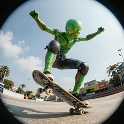 human sized cthulhu as the pro skater doing a kickflip with skateboard, unreal engine, extremely detailed, fish eye lens, hyperrealistic