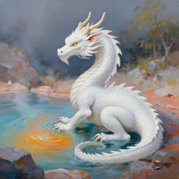 highly detailed oil painting of a white dragon sitting in a colorful hotspring