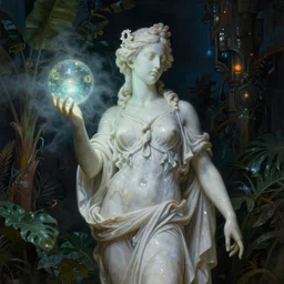 a neoclassicist portrait of an otherworldly marble statue holding dimly glowing orbs in a botanical sci - fi courtyard at night. reflective textures. glowing fog. highly detailed fantasy science fiction painting by moebius, norman rockwell, frank frazetta, and syd mead. rich colors, high contrast, gloomy atmosphere, dark background. artstation
