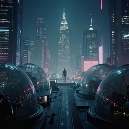 35mm film still blade runner set on Mars in an neon city, domes made of glas by Alex grey and Dan Mumford