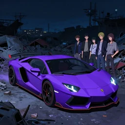 digital illustration of cyberpunk purple lamborghini, in junkyard at night, by makoto shinkai, ilya kuvshinov, lois van baarle, rossdraws, basquiat