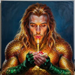 intricate five star portrait of aquaman blowing the candle at his birthday, oil on canvas, hdr, high detail, photo realistic, hyperrealism, matte finish, high contrast, 3 d depth, centered, masterpiece, vivid and vibrant colors, enhanced light effect, enhanced eye detail, artstationhd