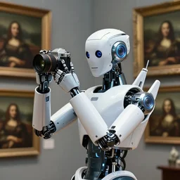 a professional photo of a futuristic cool beautiful robot holding a camera to take pictures. in the background several pieces of classical oil paintings.