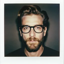 Polaroid Portrait of Andy Warhol with a slicked back pompadour, thick rimmed black framed glasses, and a lumberjack beard, taken in the 1970s, photo taken on a 1970s polaroid camera, grainy, real life, hyperrealistic, ultra realistic, realistic, highly detailed, epic, HD quality, 8k resolution, body and headshot, film still, front facing, front view, headshot and bodyshot, detailed face, very detailed face