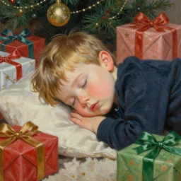 four year old boy with short blonde hair, asleep at christmas. surrounded by gifts. high quality detailed face. beautiful painting by artgerm and greg rutkowski and lois van baarle