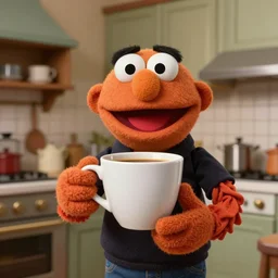 a muppet holding a comically large cup of coffee in a 1 9 7 0 s era kitchen, in the style of hownosm and james jean, ultimate collab, epic, digital art, 3 d, h 9 6 0