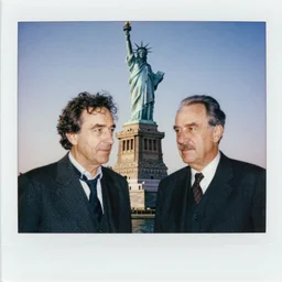 a high resolution photo of walter benjamin and theodor adorno near the statue of liberty in new york, long shot, golden hour, polaroid.