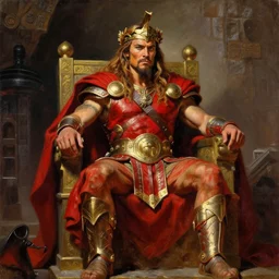 beautiful portrait oil painting, jason momoa conan the barbarian wearing a golden wreath crown in royal crimson spartan armor enthroned as the god emperor of ancient rome, mid - shot, action pose, standing in a dungeon, frank frazetta, boris vallejo, greg rutkowski, beautiful cinematic light, american romanticism, by thomas lawrence, greg rutkowski