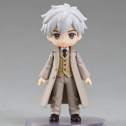 nendoroid aziraphale from good omens, good omens tv series, white curly short hair, beige suit, long coat, khaki tartan vest, michael sheen