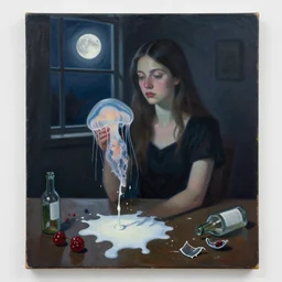 a portrait in a dark apartment, moonlight from a window, a female art student holding a jellyfish, milk puddles, berries, broken bottles, metaphysical, neo - expressionism, surrealism, acrylic and spray paint and oilstick on canvas