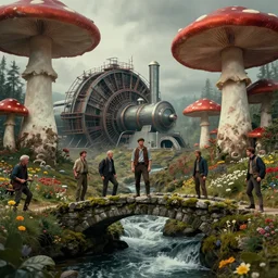 adventurer ( ( ( ( ( 2 9 5 0 s retro future steam turbine and mill in forrest of giant mushrooms, moss and flowers stone bridge waterfall. muted colors. ) ) ) ) ) charles vess, anato finnstark, cinematic lighting, kay nielsen, jean giraud, leyendecker, jean baptiste monge, chrome red