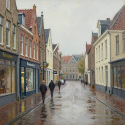 maassluis old city center, rainy, wet streets, digital oil painting by simon stalenhag