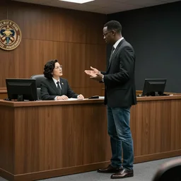 a black haired lawyer wearing a suit and jeans talking in a courtroom in outer space