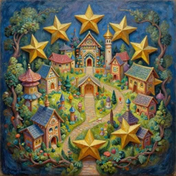 Intricate five star Fairy Village by monet, oil on canvas, HDR, high detail, Photo realistic, hyperrealism,matte finish, high contrast, 3d depth, masterpiece, vivid and vibrant colors, enhanced light effect, enhanced eye detail,artstationhd