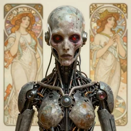 horror digital concept art portrait of a high - tech cyborg on a depth of field background, artstation, award - winning realistic sci - fi concept art by jim burns and greg rutkowski, beksinski, a realism masterpiece, expressive color palette, james gilleard, bruegel, alphonse mucha, and yoshitaka amano