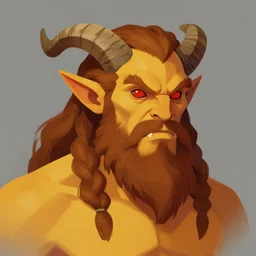 illustrarion. matte painting of single goliath, braided hair and beard. Yellow orange skin. Red eyes. Elf ears, horns Portrait. Craig mullins. Orc teeth. ArtStation