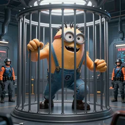 A overpowered beast minion on a cage trying to get out, high tech prison, guards, very coherent symmetrical artwork, cinematic, hyper realism, high detail, octane render, unreal engine, 8k, Vibrant colors, Smooth gradients, High contrast