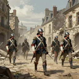 detailed ultra - realistic graphic novel illustration of patrolling musketeers, desolated city district, french revolution, by famous digital artists, cinematic, full shot