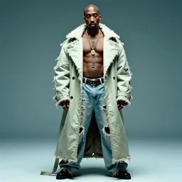 an aesthetic 8 k futuristic official photograph of tupac shakur posing shirtless on venus wearing a huge torn up light greenish coat and y 2 k pants