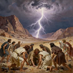 people in Biblical clothing cower in fear at divine thunder and lightning emerging from Mt Sinai, action oil painting