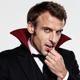 secret footage of emmanuel macron as dracula thirst for blood, long canines, vampire, eerie, cinematic, movie still, fantasy, natural light, blood, sharp focus, dark ambience, natural light