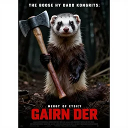 poster for a low budget horror movie featuring a ferret with an axe, movie poster