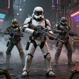 CGI Concept Art of a combine commando jet trooper from Half Life Alyx, using the Overwatch Standard Issue Pulse Rifle, intimidating enforcer, smoke, neon lights, Cyberghetto,  photorealistic, intricate detail, finely detailed, small details, extra detail, hyper detail, symmetrical, high resolution, 3D, PBR, path tracing, volumetric lighting, octane render, path tracing, 8k, 3-point perspective, unreal engine 5, DAZ, IMAX quality, polished, photoshopped