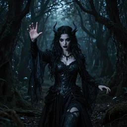 powerful beautiful female wizard casting a spell, dark scary woods at night, ominous, scary, dark fantasy