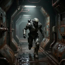 horror movie scene of an individual in futuristic armor being chased down a hallway, running through a deep space mining space station, rusty metal walls, broken pipes with water pooling on the floor, side angle, dark colors, muted colors, tense atmosphere, mist floats in the air, amazing value control, dead space, moody colors, dramatic lighting, ussg ishimura, frank frazetta
