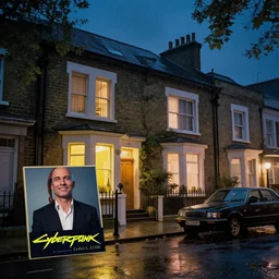 cyberpunk, an estate agent listing photo, external view of a detached city house in the UK, cityscape, it's night time, raining, old car, by Paul Lehr, highly detailed, photorealistic, unreal engine, 8k, anamorphic, cinestill cinematrography