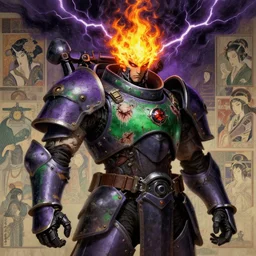composition portrait of man gothic and futuristic, warhammer, cyber japan style armor, more and more scars, thunderstorm, fire head, purple, green and yellow, highly detailed, artstation, in the style of moebius, jugendstil and classic japanese print, art by jean delville and rene magritte
