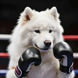 samoyed dog head on a human body as a muay thai kickboxer, gloves on hands, Rajadamnern Stadium, world championship fight, photorealistic, cinematic lighting, 4k