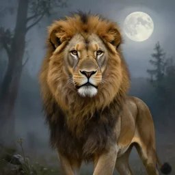 a portrait of beautiful anthropomorphic lion fursona, d & d, fantasy, mist, full moon in background, trees, hyper detailed,, midium shot, an oil painting by ruan jia, trending on artstation, concept art, sharp focus, illustration, gaston bussiere, craig mullins, j. c. leyendecker, beautiful lighting