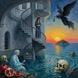painting of a flooded spanish hospital in marbella, a spiral staircase, death, cold, a tall emo girl, holding a courgette, sunrise, skull, rocks by the sea, island, surgeon, pomegranates, a dark angel, a whirlpool, swirls, zen, surrealist, by magritte and monet