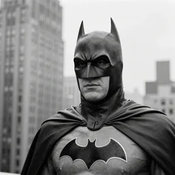 old black and white photo portrait, 1 9 2 5, close - up portrait depicting batman spreading his cape on top of a skyscraper of new york city, rule of thirds, historical record