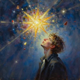 a man frozen in time looking at a star explode as bits of the star fall down around him oil painting