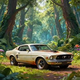 burned shell of a 1 9 7 0 mustang in a beautiful enchanted forest full of vibrant life, ray tracing, sunshine, award winning photo