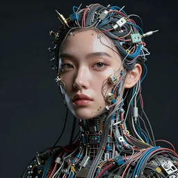 beauty woman made of wires and cables,  dramatic lighting, very detailed, electrical details, high details, 4k, 8k, trending on artstation, by Hajime Sorayama and Paolo Eleuteri Serpieri