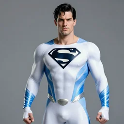 superman in a white suit with blue lights in it, black superman logo on the chest, grey background, hyperdetailed, artstation, cgsociety, 8 k