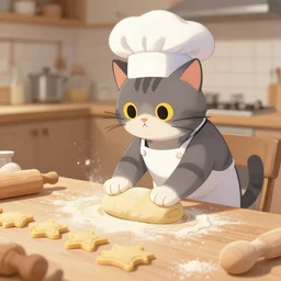 cat wearing chefs hat kneading dough making biscuits, artstation, ana dascalu
