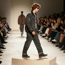 Homeless man walking on podium at the annual fashion show in Paris, 8K, Photo 35mm, Kodak 35mm, Photorealistic, realistic, 4K, 8K, 8k resolution, high quality, Super-high qualit, details, super detailed, high details, max details, Hyperrealistic