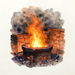 small centered on watercolor paper, paint brush strokes, abstract watercolor painting of iron forge, glowing hot metal, orange, midday sharp light, dust, cinematic light, american romanticism by hans dahl, by jesper ejsing, by anders zorn, by greg rutkowski, by greg manchess, by tyler edlin
