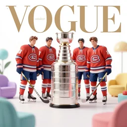 vogue photoshoot octane render of 1 9 7 0 s habs players with white background and stanley cup, focus bright colorful pastel exotic vintage boutique hotel lounge, very short depth of field, bokeh
