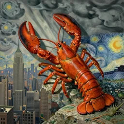 a giant lobster attacking new york city, escher, van gogh, dali
