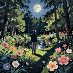 gediminas pranckevicius, a pond in the forest, moonlight, flower garden summer morning, very coherent and colorful high contrast art by simon stalenhag floralpunk screen printing woodblock, dark shadows, pastel color, hard lighting, dan munford