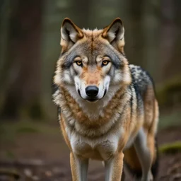 hybrid consisting of a human and wolf, mostly wolf, photograph captured in the woods