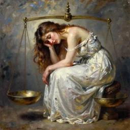 giant scales ⚖ weighing a weeping woman. painting by victor mosquera