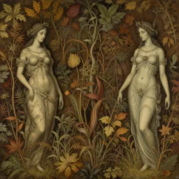 breathtaking detailed concept art painting of goddesses of autumn by beto val, vintage illustration pattern with bizarre compositions blend of plants and stems and leaves, exquisite detail, extremely moody lighting, 8 k